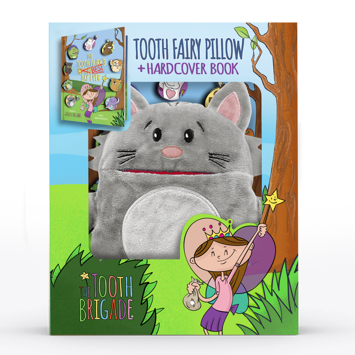 Gray cat tooth fairy pillow gift set with tooth fairy book