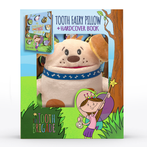 Yellow and tan tooth fairy pillow dog gift set with tooth fairy book