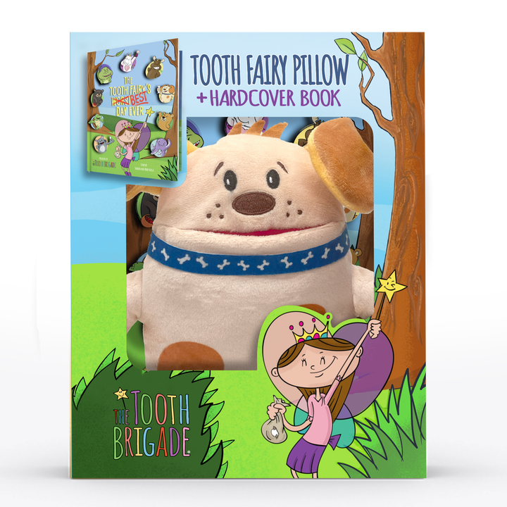 Yellow and tan tooth fairy pillow dog gift set with tooth fairy book