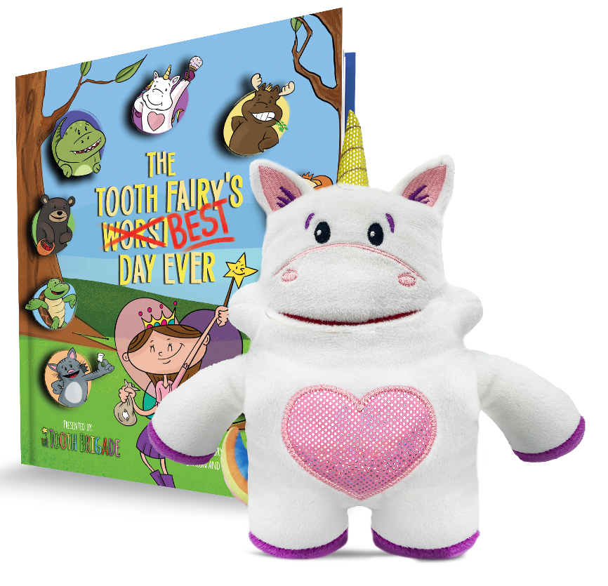 Sprinkles tooth fairy tooth pillow next to book The Tooth Fairy's Best Day Ever