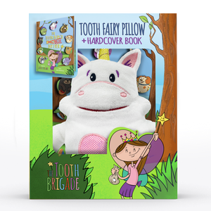 Pink and White unicorn tooth fairy pillow gift set with tooth fairy book
