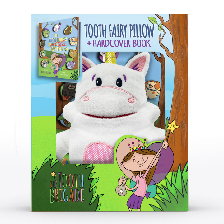 Pink and White unicorn tooth fairy pillow gift set with tooth fairy book
