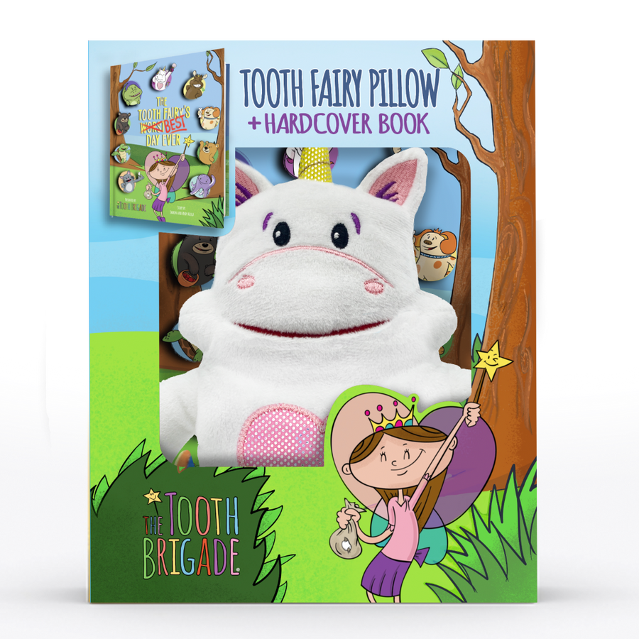 Pink and White unicorn tooth fairy pillow gift set with tooth fairy book