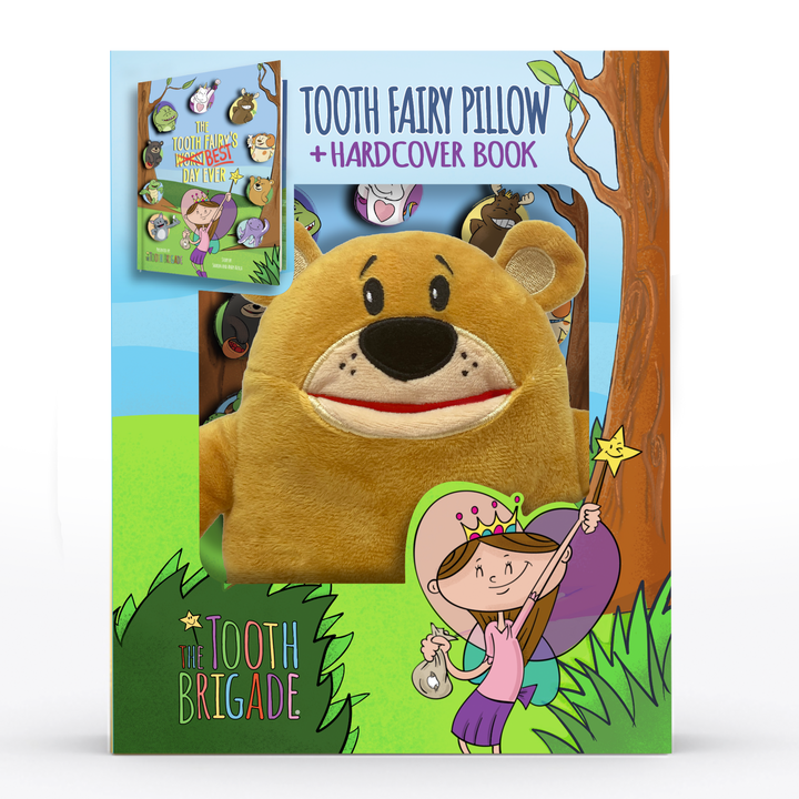 Yellow and golden bear tooth fairy pillow gift set with tooth fairy book
