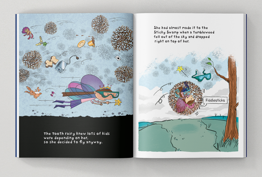 Tooth Brigade Storybook Sneak Peek Page - the tooth fairy gets stuck in a tumbleweed